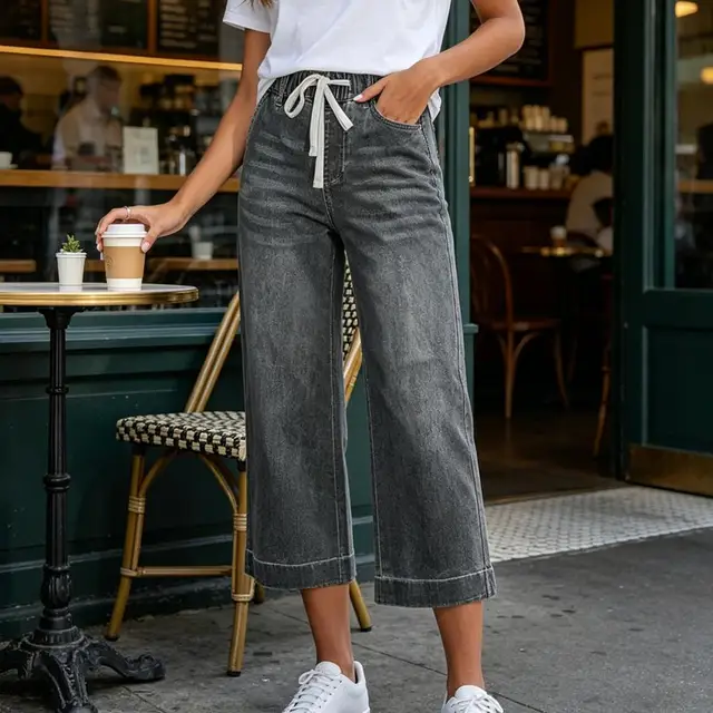 Cropped Pants for Women, High-Stretch Denim Wide-Leg Trousers, Drawstring Waistband Casual Summer Pants Denim Jeans Women 3