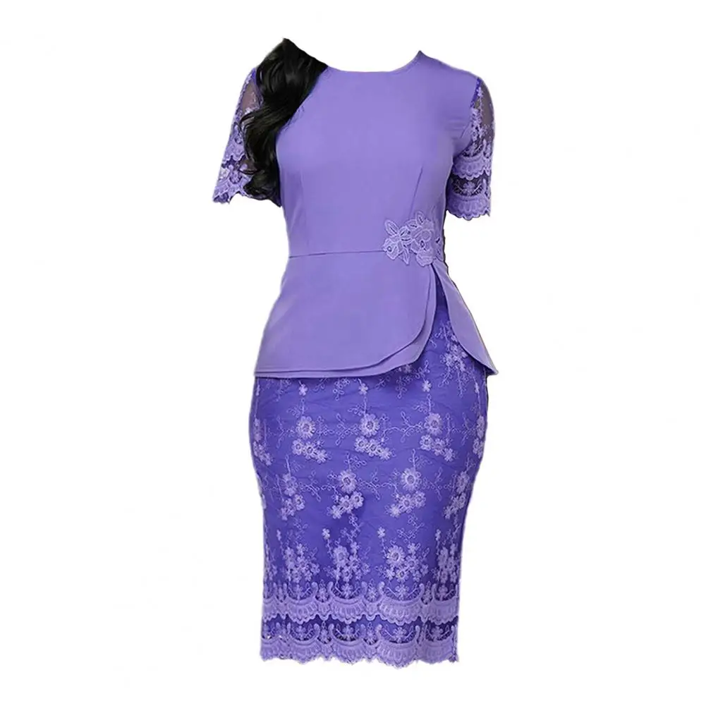 

Sexy Charm Hip-hugging Dress Elegant Lace Embroidered Sheath Dress with High Waist Knee Length Women's Round Neck Short Sleeve