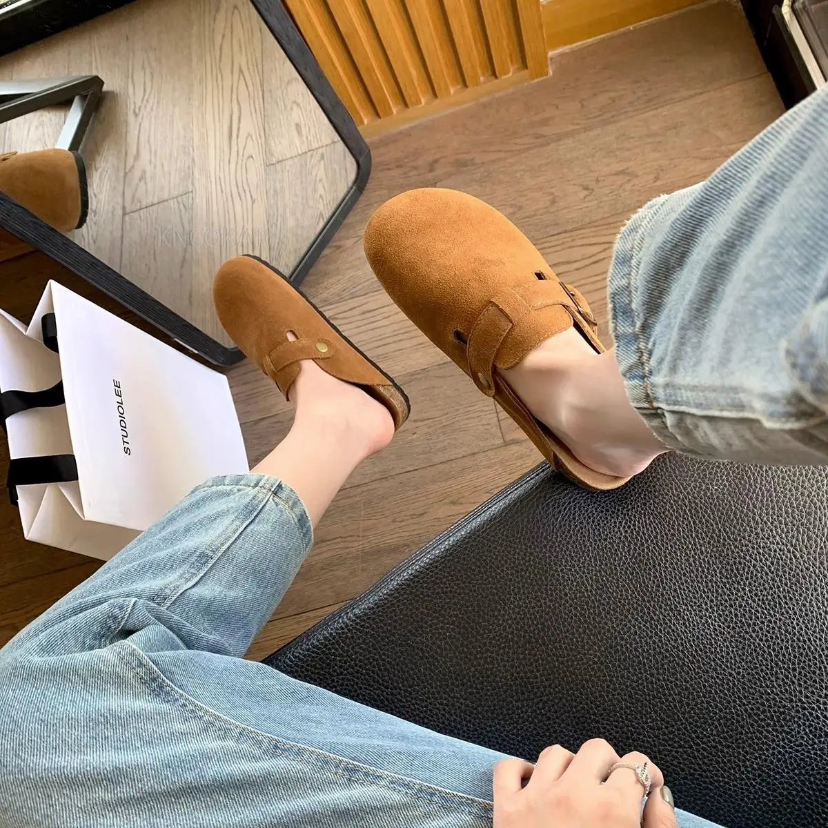 

2023 Women's Suede Mules Slippers Boston Clogs Cork Insole Sandals With Arch Support Outdoor Beach Slides Home Shoes
