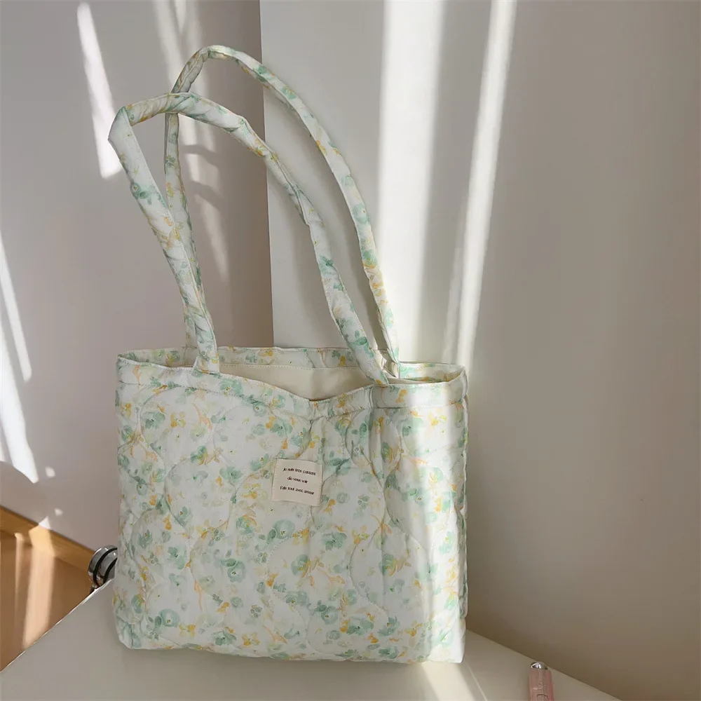 Cotton Floral Tote Bag for Women Handbag Trendy Chic Puffy Top Handle Bag Quilted Padded Shoulder Bag Designer Shopper Bags