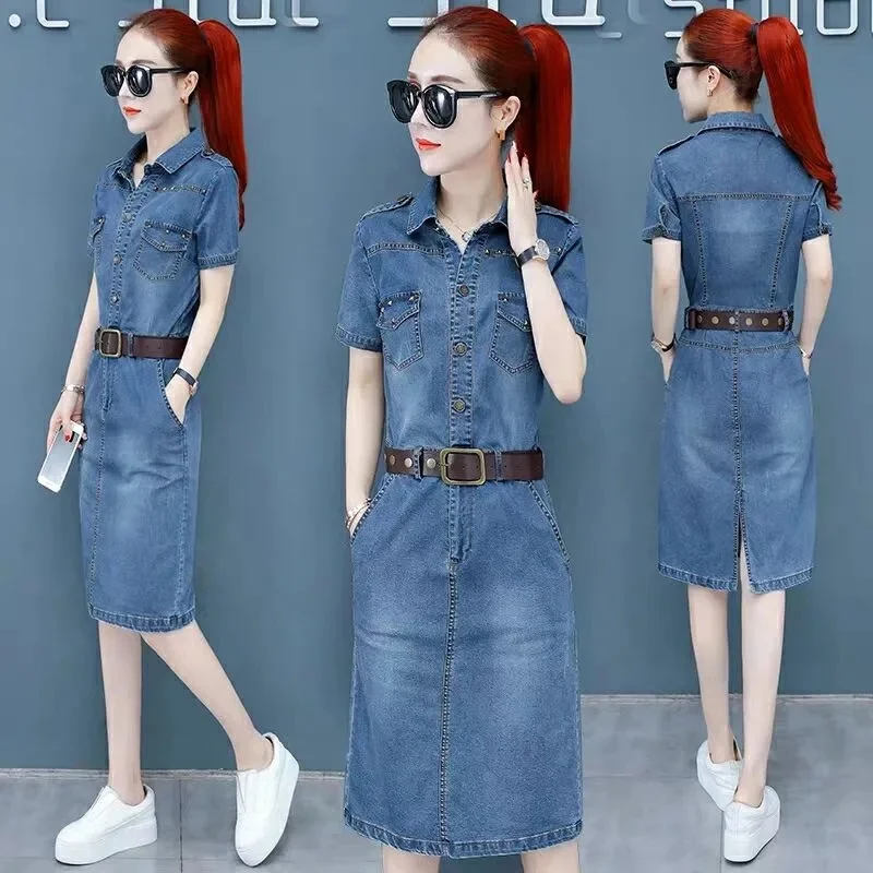 

Summer Women Denim Dresses 2024 New A-Line With Belt Shirt Dress Pocket Short Sleeve Jeans Dresses Vestidos