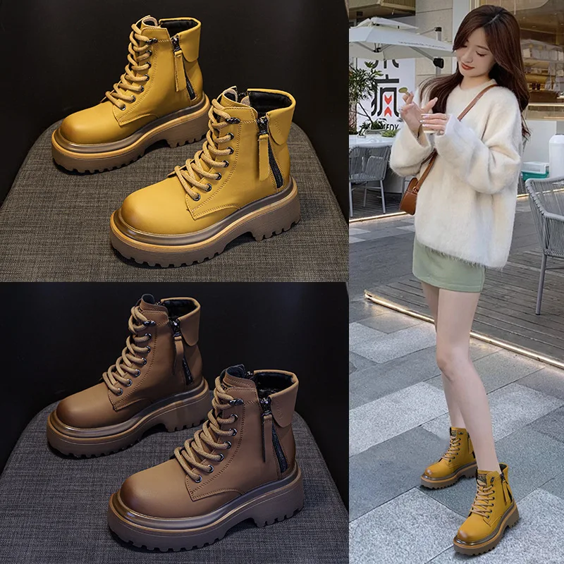 Womens Martin Boots Leather British Style Autumn and Winter Retro Thick Black Cowboy Boots Women Shoes