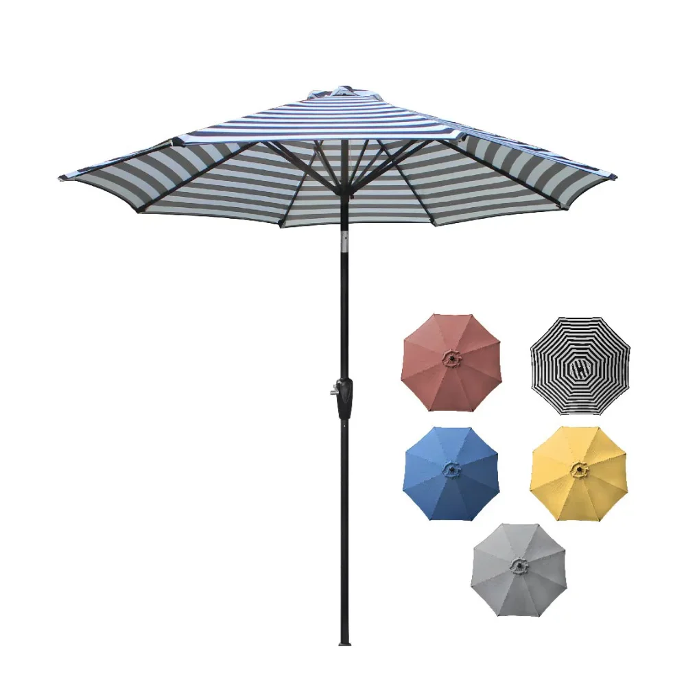 9ft Outdoor Aluminum Patio Umbrella, Round Market Umbrella with Push Button Tilt and Crank for Shade, Black & White Striped