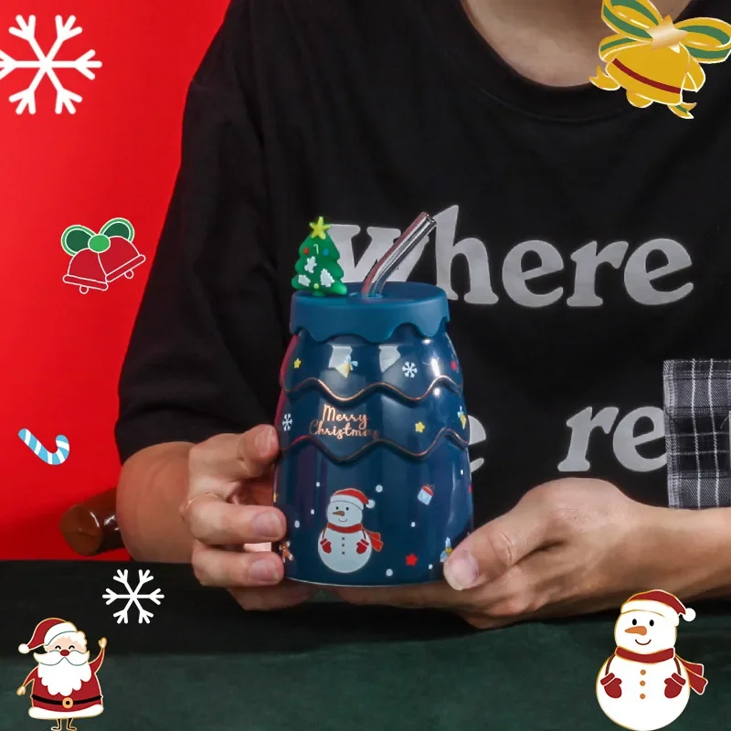 Ceramic Christmas Mug with Lid and Straw for Hot Beverages