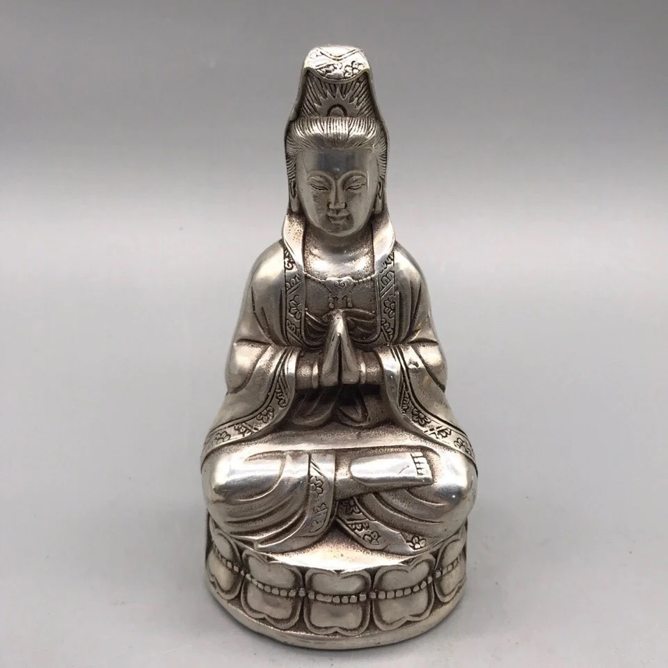 

White copper Guanyin Bodhisattva, copper Buddha statue, silver plated Guanyin Bodhisattva statue, bronze vessel for worship