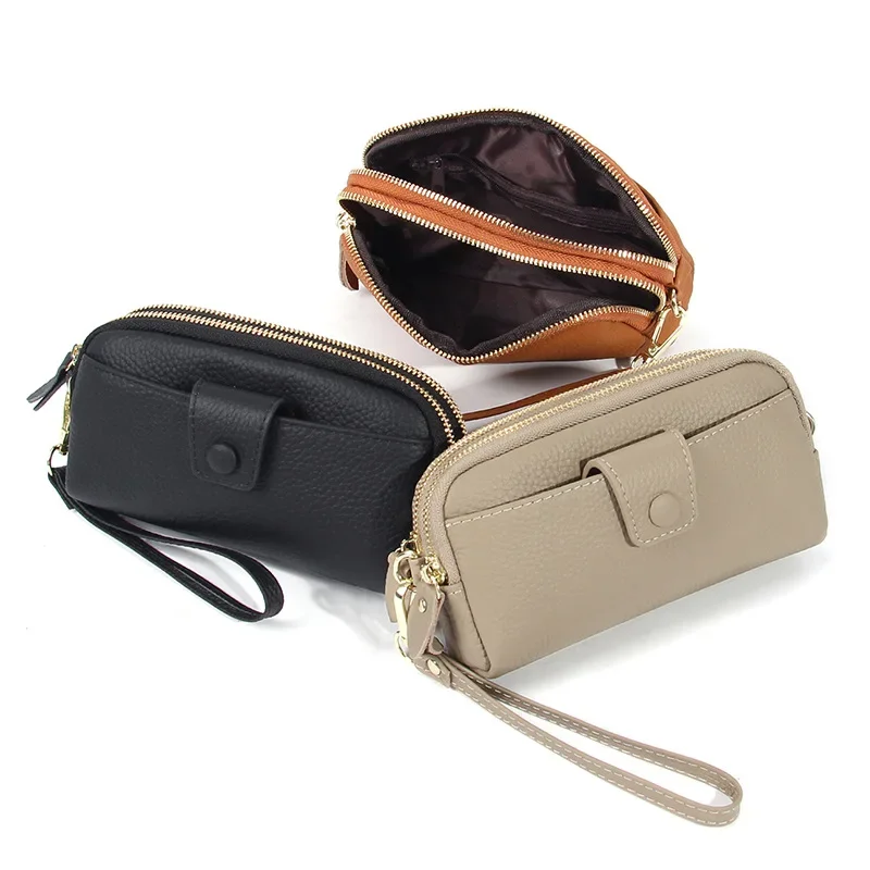Genuine Leather Women's Long Wallet with Double Zipper and Chain for Phone