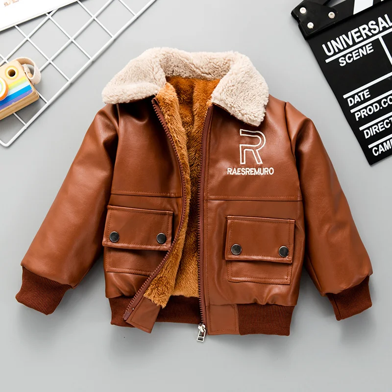 Children Leather Jackets Boy Plus Velvet Coat Kids Winter Thicken