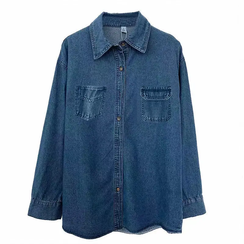 Fashion Korean Turn-down Collar Double Pockets Long Sleeve Loose Blouse Single Breasted Lazy Vintage Plus Size Blue Denim Shirt