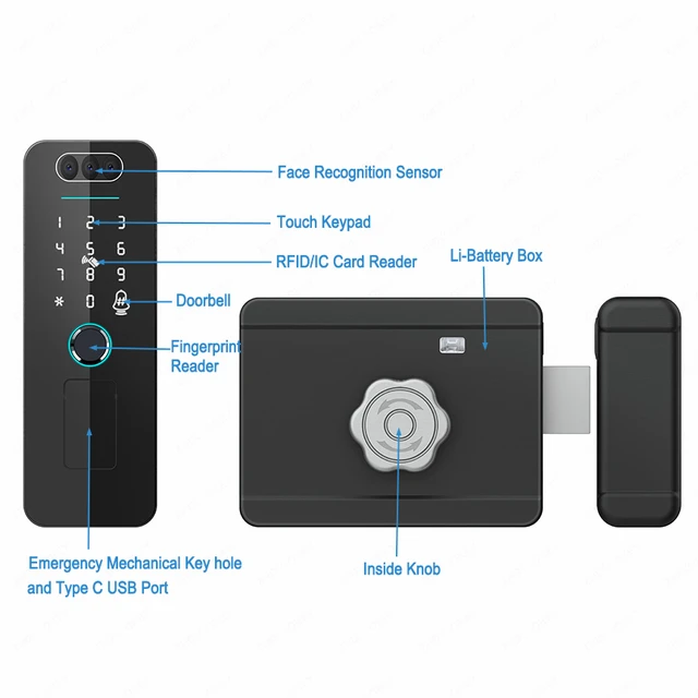 Smart WiFi Door Lock Waterproof Tuya Face Recognition Fingerprint RFID Card Password APP Control Rechargeable Li-Battery Include 6