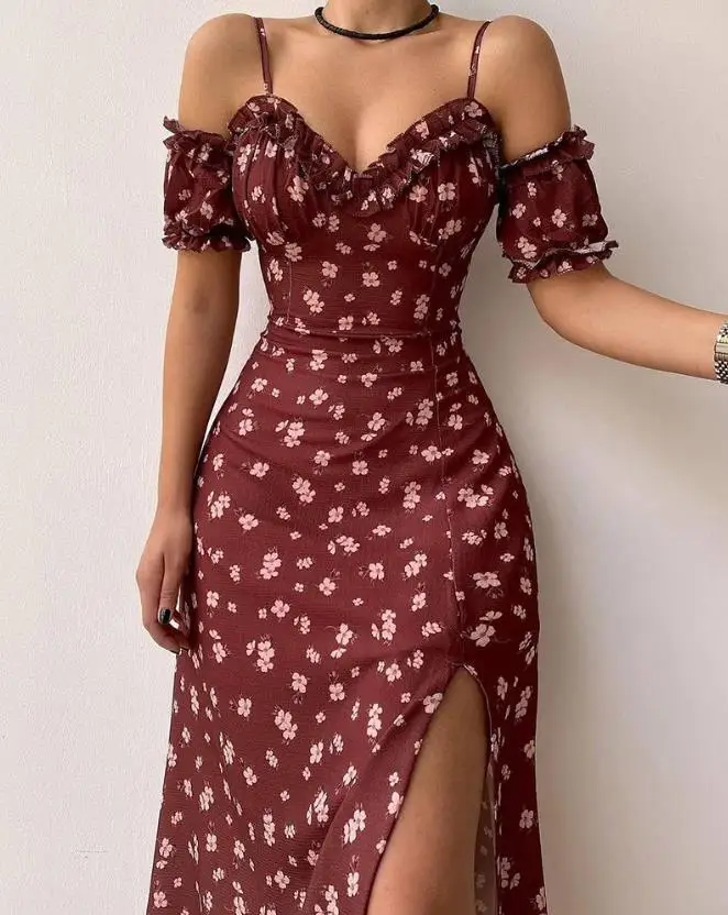 

Dresses For Women 2023 Floral Print Frill Hem Split Thigh Casual Cold Shoulder Short Sleeve Skinny Cami Women's Dresses Vestidos