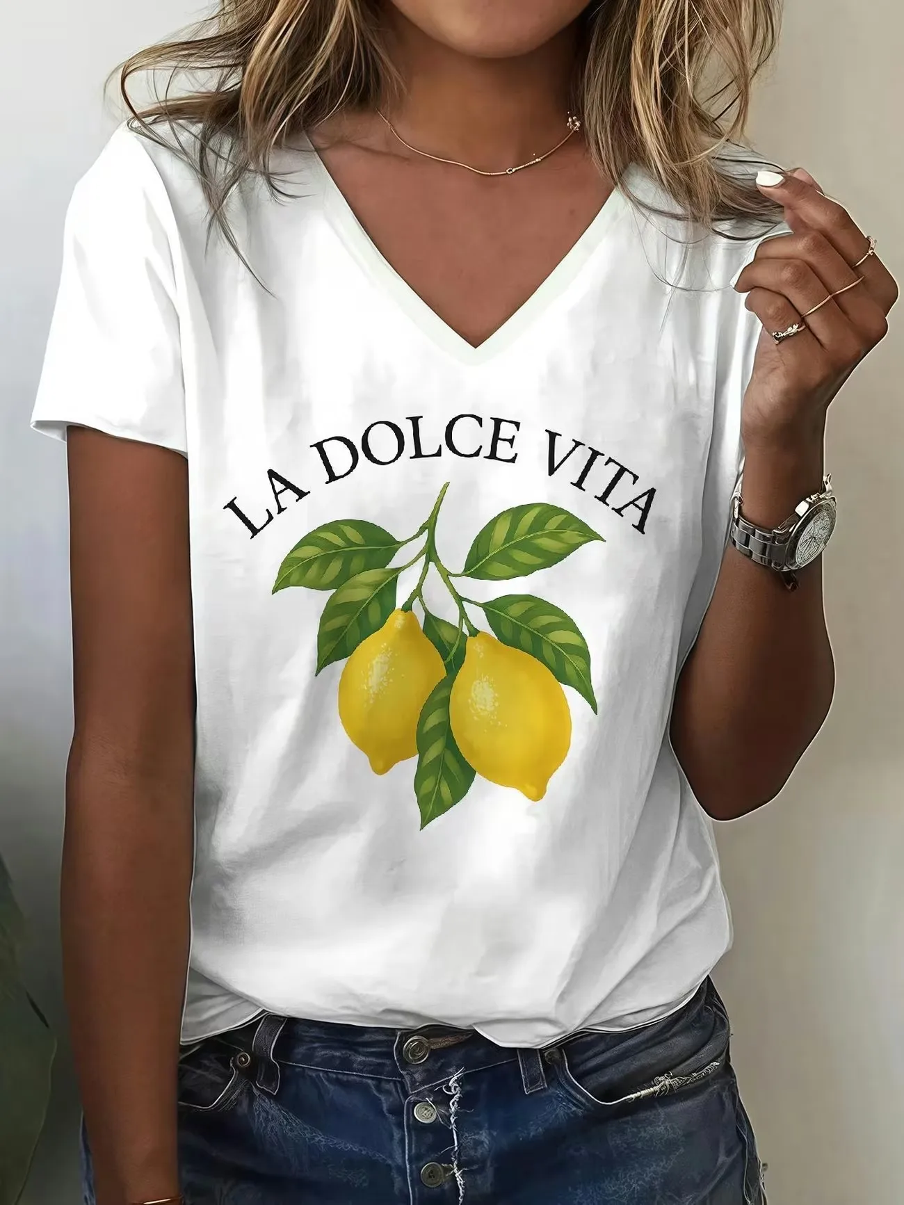 Heißer Verkauf Retro La Dolce Vita Zitronen-T-Shirt V-Ausschnitt Lässige Mode Y2k Bedruckte T-Shirts Damen Kurzarm T-Shirt V-Ausschnitt
