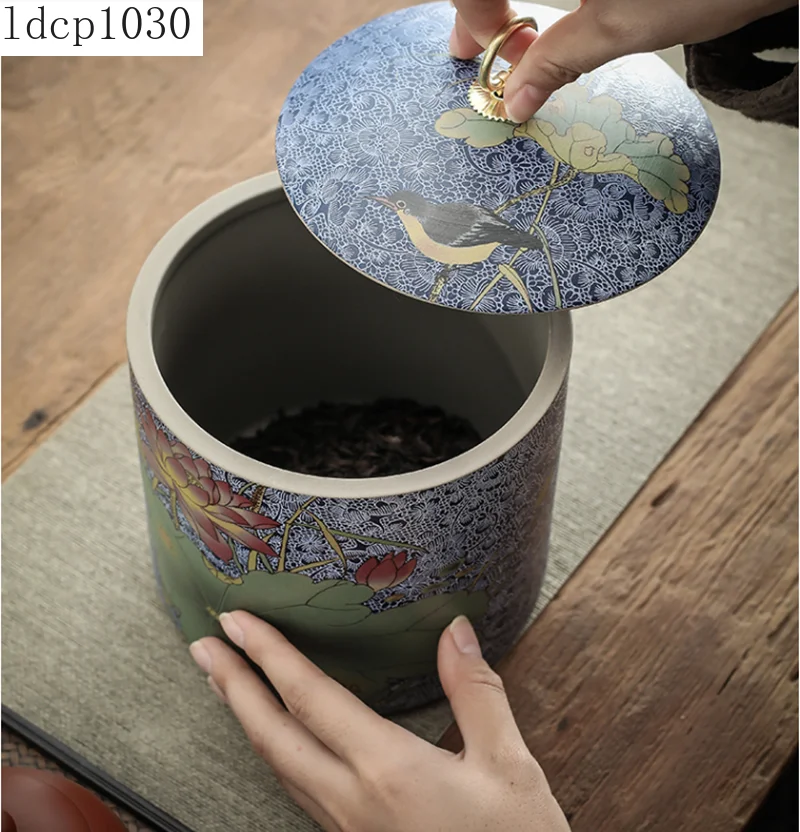 Chinese-style Tea Pot with Lid Moisture-proof Storage Tank Ceramic Sealed Storage Tank Home Retro Tea Box Living Room Decoration