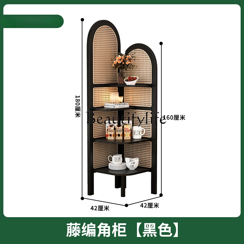 

Solid Wood Rattan Corner Cabinet Black Living Room Bookshelf Balcony Flower Stand Tripod Cabinet