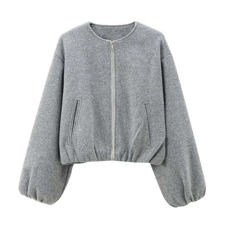 TRAF Outerwears Cropped Bomber Jacket Women Autumn Long Sleeve Faux Wool Coats For Woman Winter Zip Up Gray Beige Short Coats 2