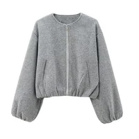 TRAF Outerwears Cropped Bomber Jacket Women Autumn Long Sleeve Faux Wool Coats For Woman Winter Zip Up Gray Beige Short Coats 2