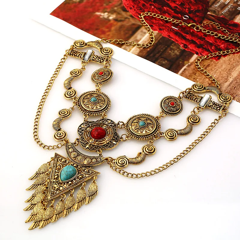 

2023 New Women Bohemian Retro Fashion Long Tassel Pendant Necklaces Ethnic Maxi Statement Pine Wings Necklace