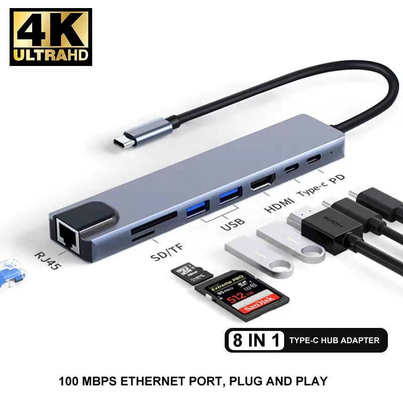  Usb 8 In 1 Type C 3 1 To 4k Hdmi Hub Adapter With Sd Tf Rj45 Card Reader Pd Fast Charge For Macbook Notebook Computer 