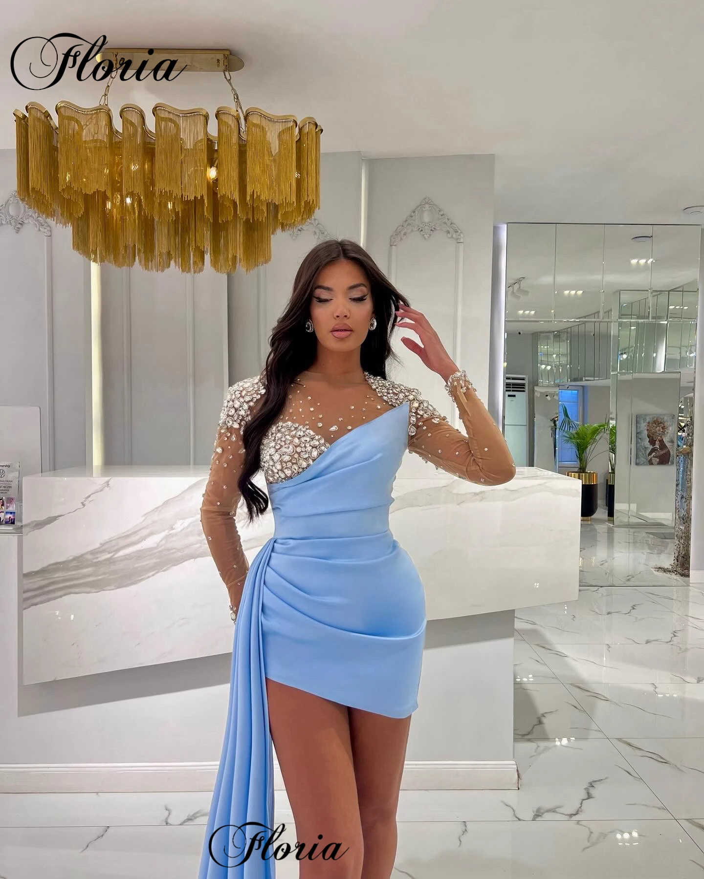 Sheer Neck Mini Cocktail Dresses Long Sleeves Prom Dresses Mermaid Homecoming Vestidos Femenino Birthday Party Gown