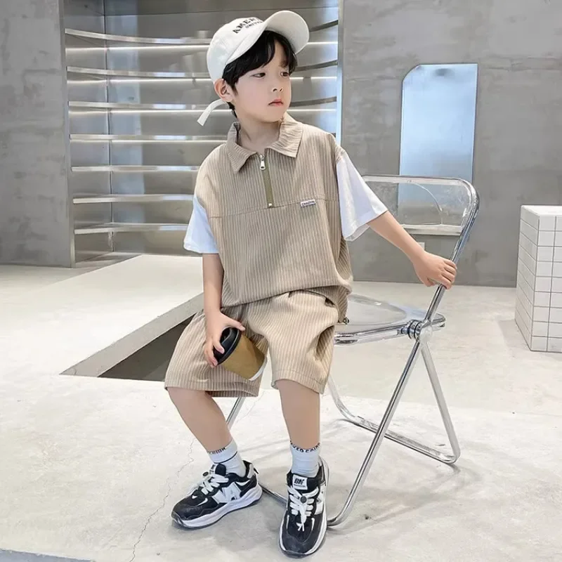 Children's Thin Striped Patchwork Boy Summer Suit New Sports and Leisure Thin and Handsome Summer Style for Big Boys