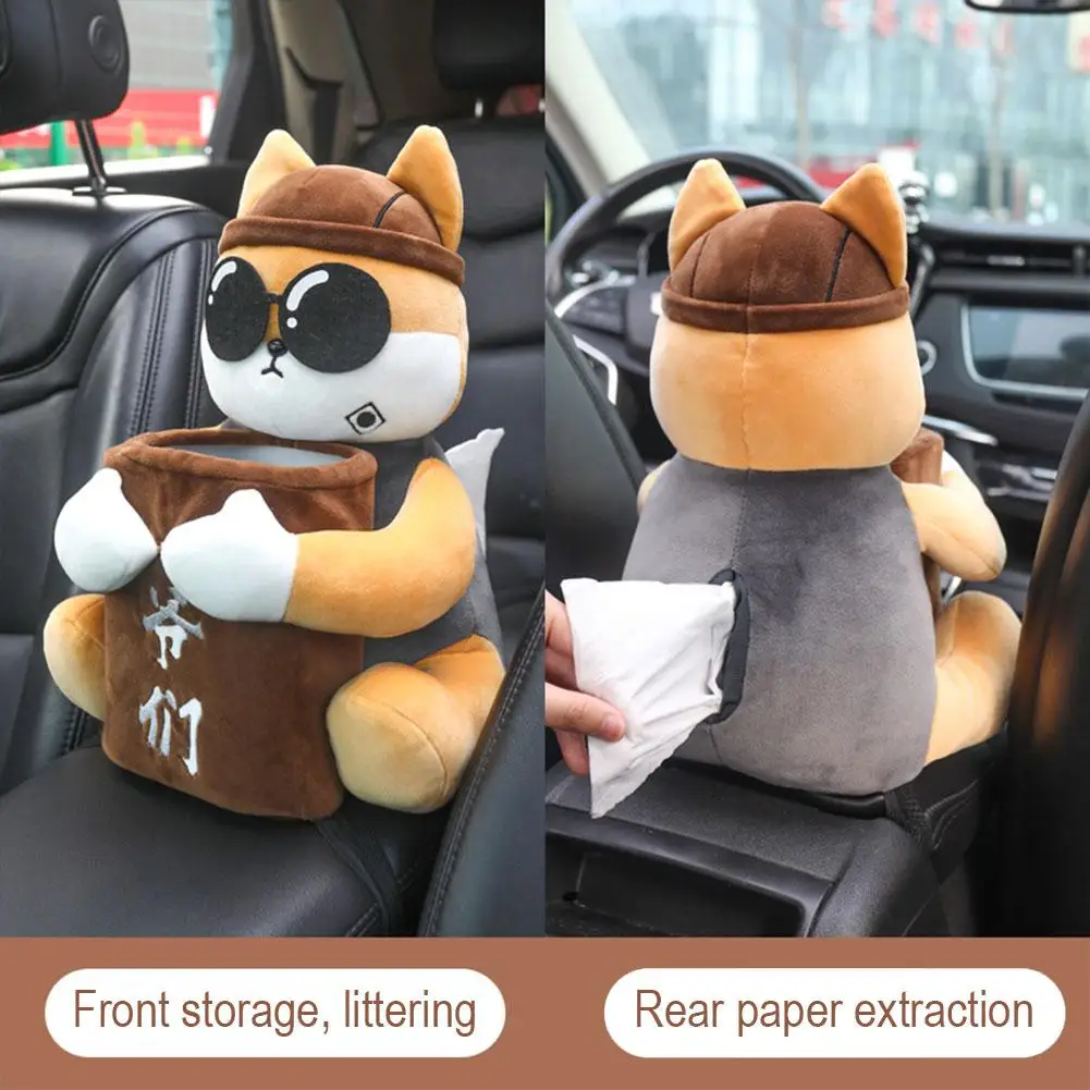 Car Trash Can Cute Car Tissue Box 2 In 1Cartoon Plush Doll Auto Armrest Box Hanging Paper Drawer Storage Car Trash Can And Tissue Holder