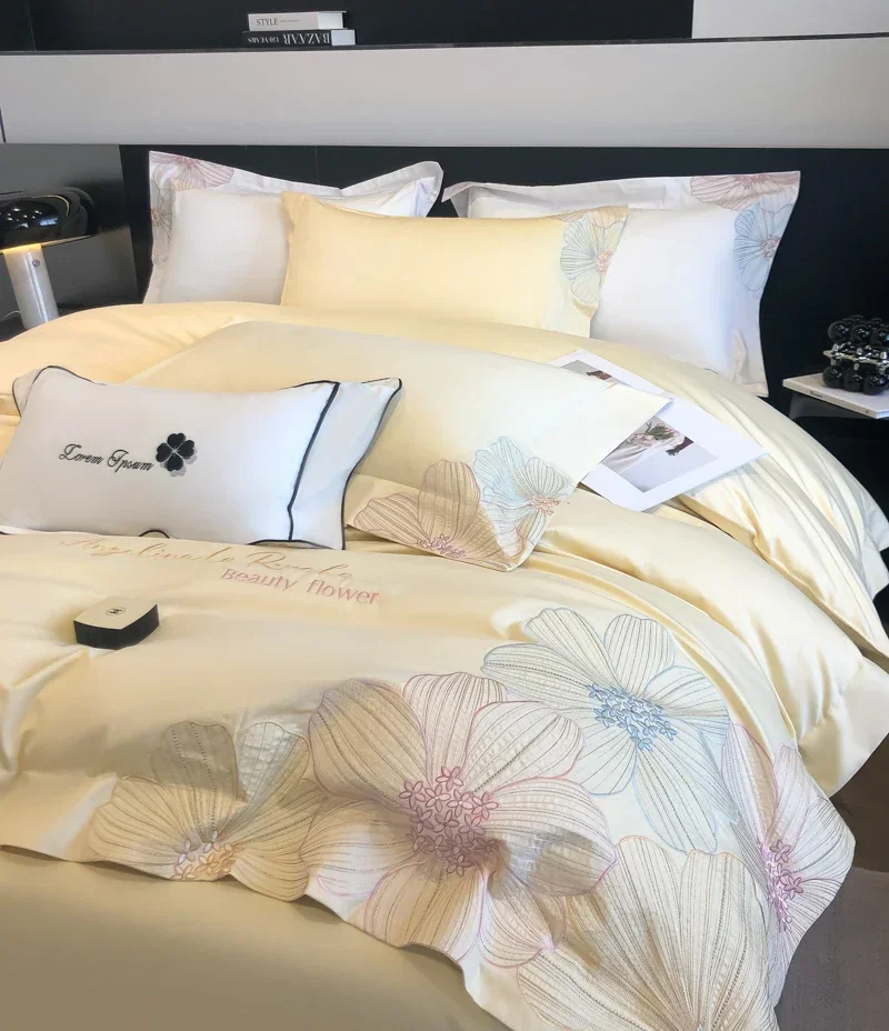 

100% cotton luxury bed linen embroidery beds cover full set 4pcs Quilt duvet cover set double sheets Comforter bedding set