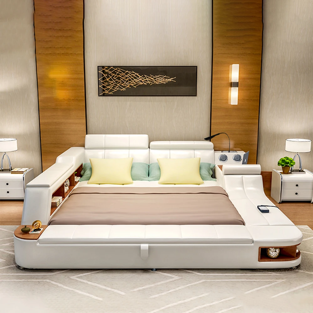 Linlamlim Tech Smart Genuine Leather Bed Multifunctional Ultimate Beds Massage Tatami Bed with Speaker,USB Upholstered Lit