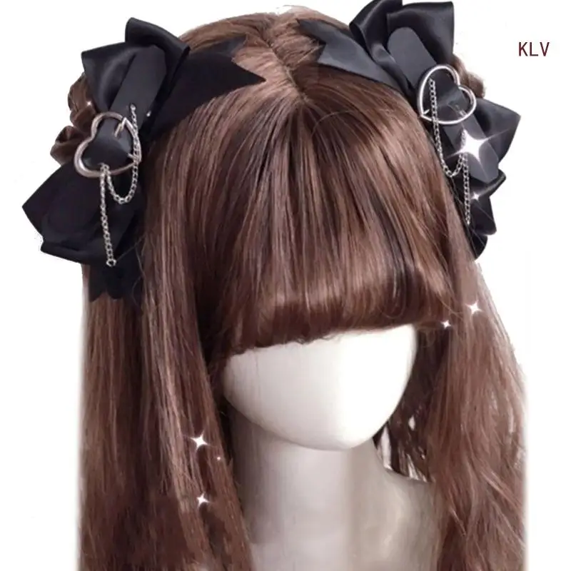 Harajuku Bowknot Hairpin with Chain for Women Kids Gothic Style Charm Hair Clip Aesthetics Halloween Hair Accessories