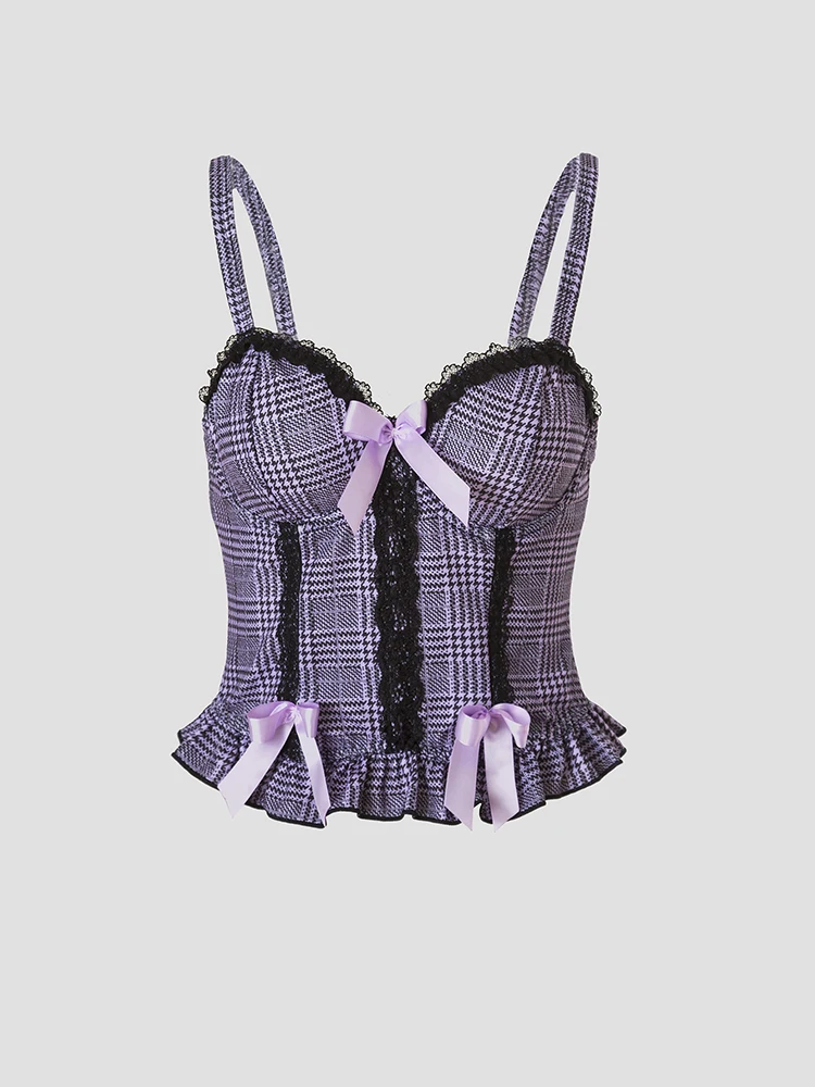 Purple Black Grid Camisole Bra Sexy Women Y2K Basic Top Vintage Backless Camisole For Spring Summer New Fashion Streetwear