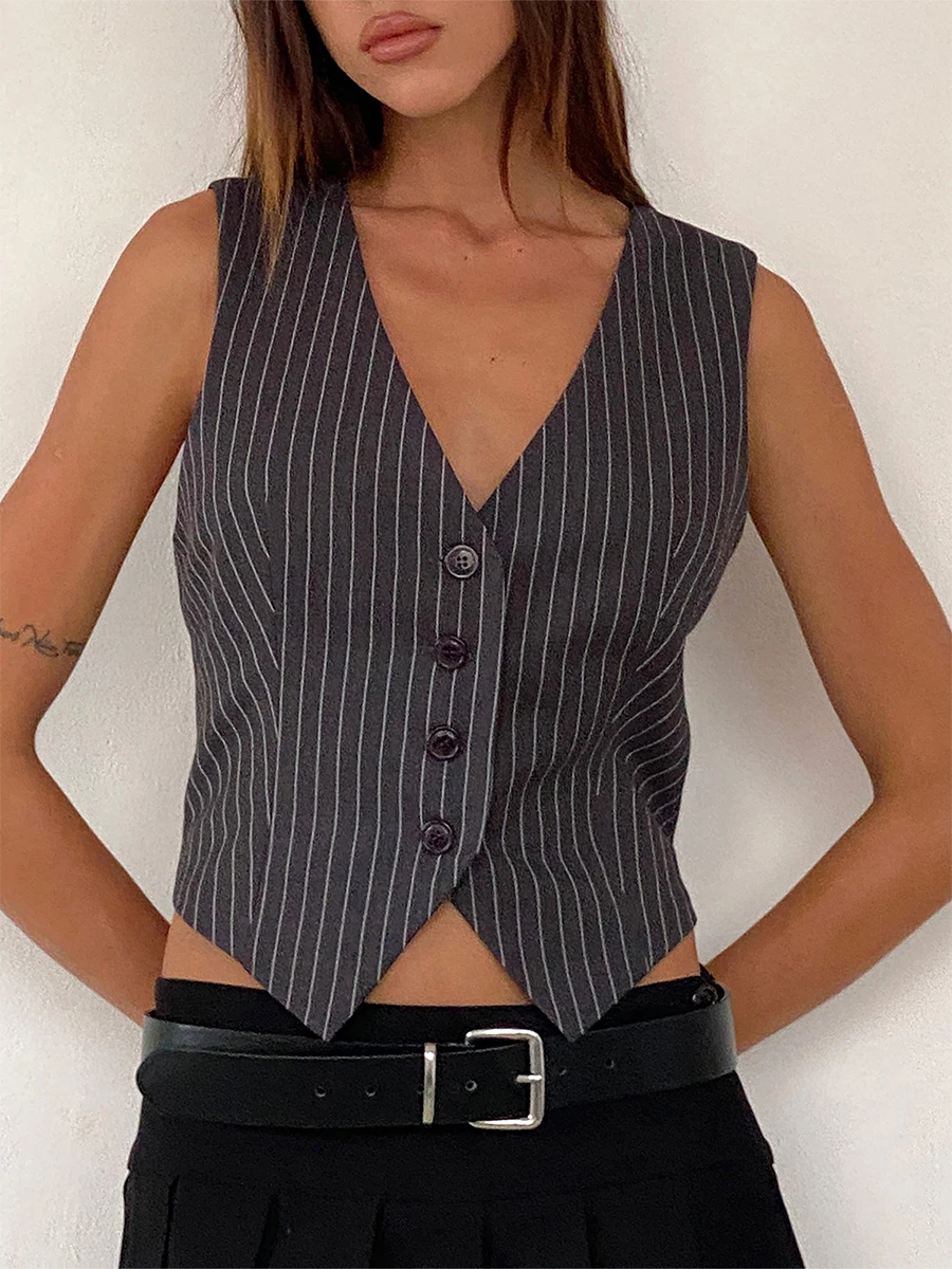 

Women 4 Button V-Neck Waistcoat Solid Striped Sleeveless Dressy Suit Vest Versatile Racerback Suit Vests Blazer Outwear Vest