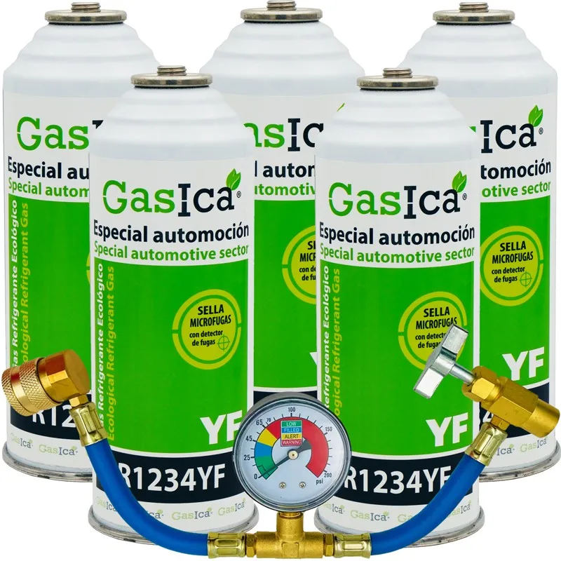 Confezione Da 5 Bottiglie Gas Refrigerante Gasica Yf - R1234Yf + Manometro