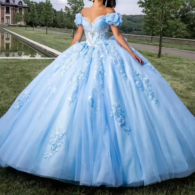 ANGELSBRIDEP Light Blue Ball Gown Quinceanera Dresses Vestidos De 15 Anos Off Shoulder Lace Princess Birthday Party Customized