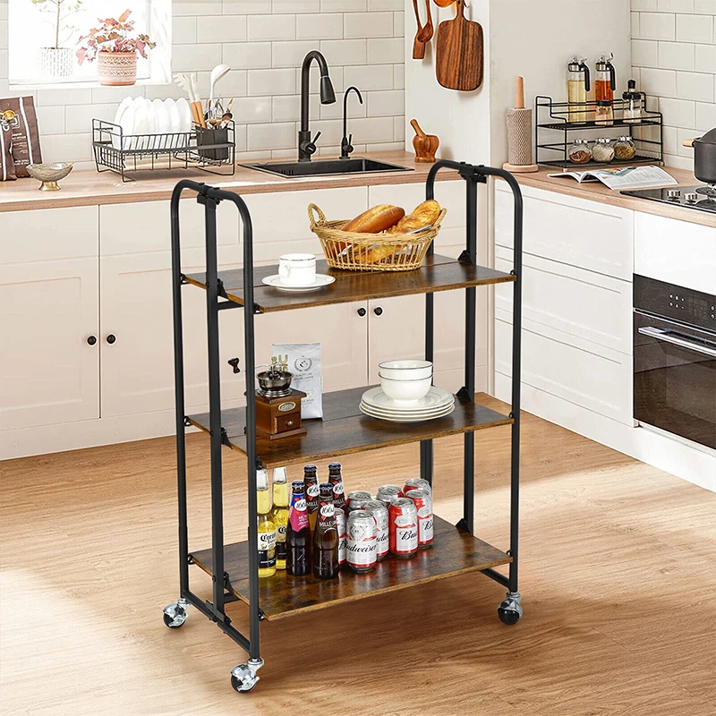 

3-Tier Folding Kitchen Utility Serving Island Cart with Storage Shelves Movable Storage Rack with Wheels Living Room Organizer