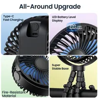 Ventilateur portable pour poussette 5000 mAh, mini ventilateur USB rechargeable, ventilateur électrique d'extérieur, 4 vitesses, 360° ° Compteur de rotation et affichage numérique 5