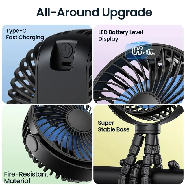 TOPK Stroller Fan 5000mAh Mini USB Rechargeable LED Display 4 Speed 360 Rotation Quiet Personal Cooling Fan Baby Outdoor Camping 5