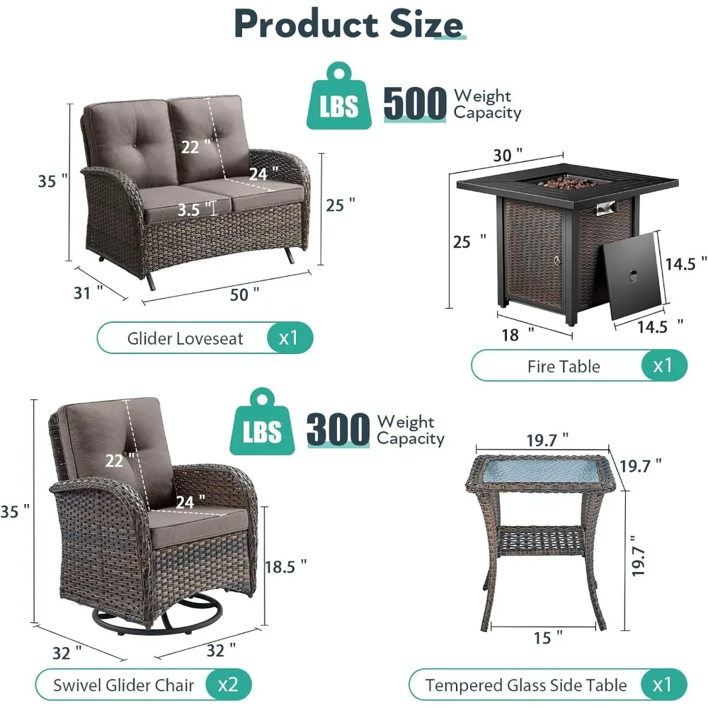 5 Piece Patio Furniture Set with Fire Pit Table - Glider Loveseat, Tempered Glass Side Table, Wicker Patio Sofa Set 2