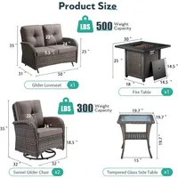 5 Piece Patio Furniture Set with Fire Pit Table - Glider Loveseat, Tempered Glass Side Table, Wicker Patio Sofa Set 2