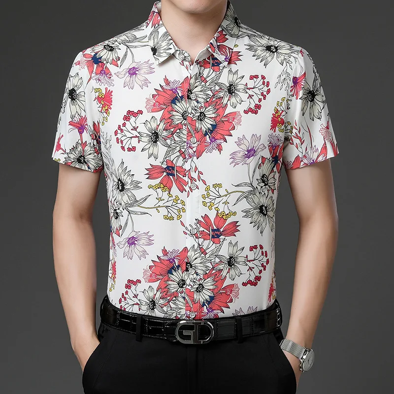 

Red White Floral 3D Digital Printing Short Sleeve Shirts For Men SummerNew Quality Smooth Comfortable Oversized Camisa Masculina