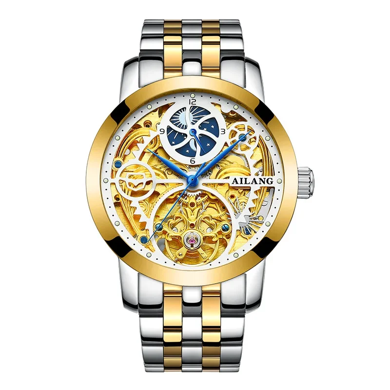AILANG Brand Luxury Gold Tourbillon Mechanical Watch Men Leather Waterproof Fashion Skeleton Steampunk Watches Relogio Masculino