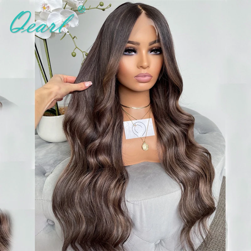 New in Human Hair Full Lace Wig Dark Brown Highlights Pre Plucked 360 Lace Frontal Wigs Human Hair Body Wave Virgin Hair QEarl