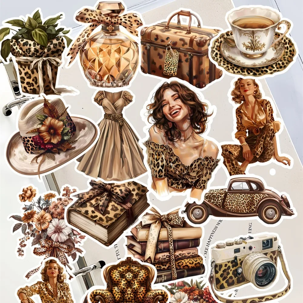 18 Stück modische Damen-Aufkleber mit Retro-Leopardenmuster, Schreibwaren, Notizbuch, Kontomaterialien, Handyhüllen, Gepäck, Gitarre