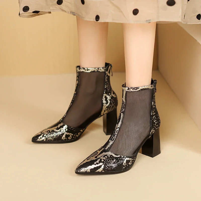 

2024 new spring women sandals natural leather shoes 22-24.5cm sheepskin+mesh pointed toe mixed colors Snake patterned cool boots