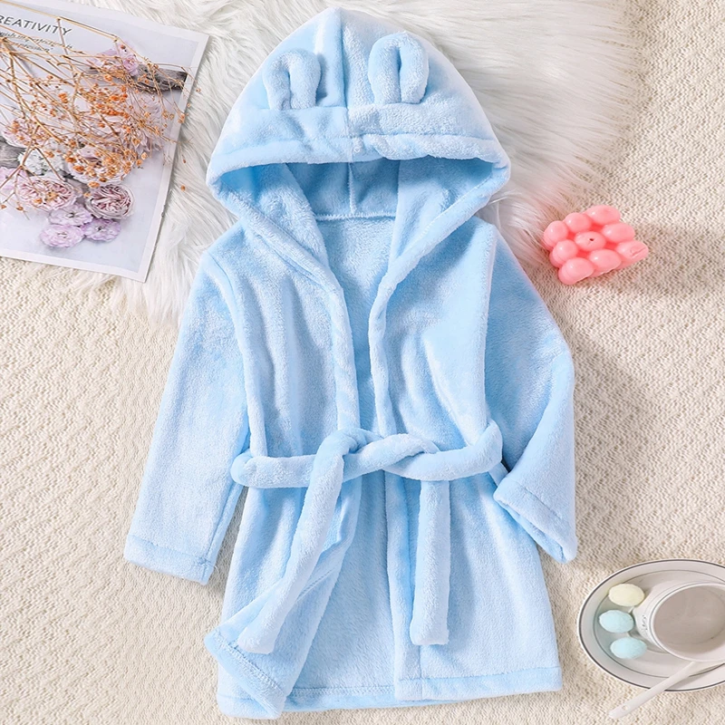 Winter Kids Sleepwear Flannel Warm Hooded Bathrobe Children Solid Color Plush Pajamas Long Sleeve Robe Clothes 2-7Y