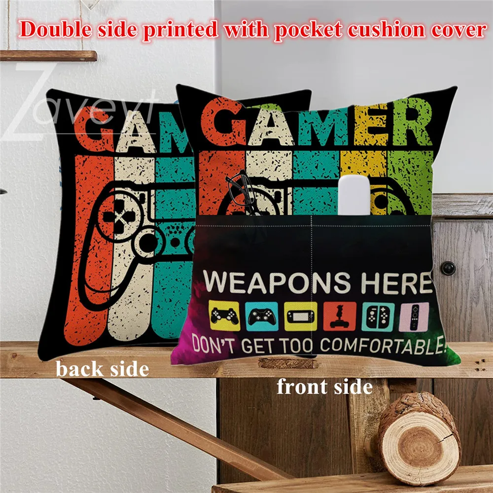 

Double Side Print Cushion Cover with Pocket,Gamer Gifts for Teen Men Boyfriends,Gaming Room Decor,Throw Pillow Cover 18x18Inch