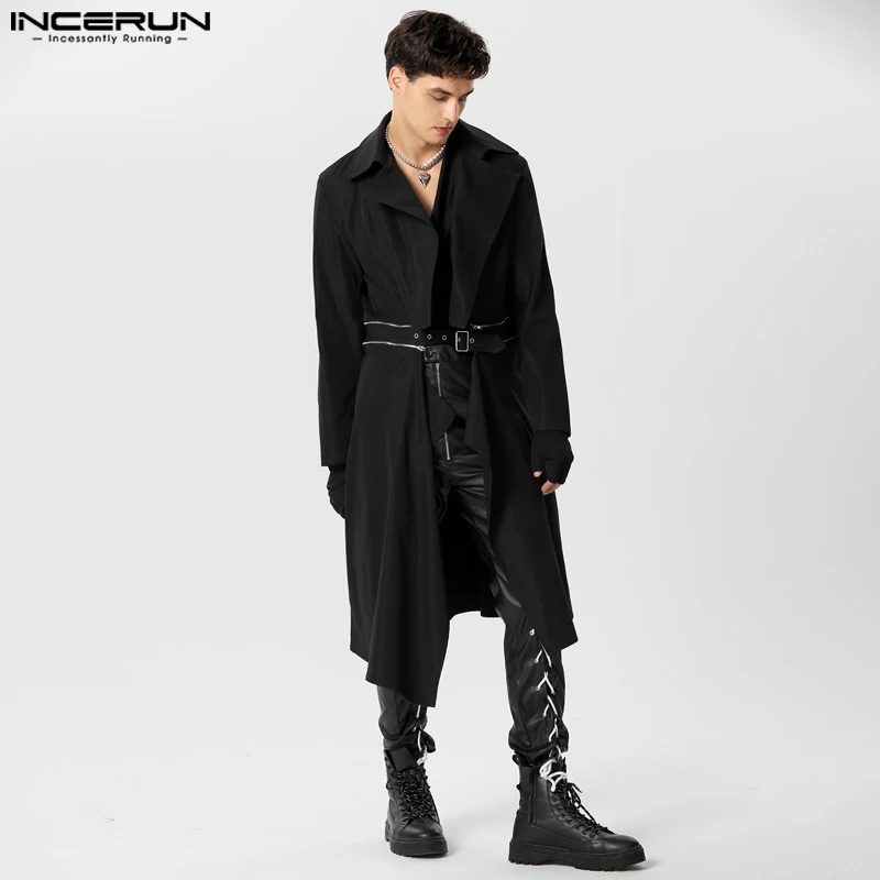 

INCERUN Men Trench Solid Color Lapel Long Sleeve Zipper Casual Long Style Coats Streetwear Loose 2023 Fashion Male Windbreaker