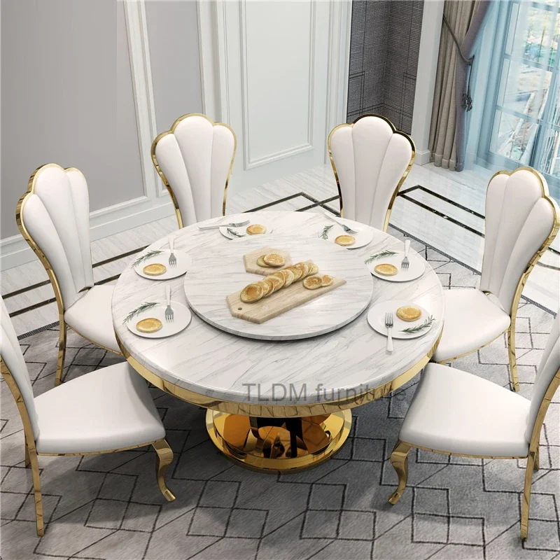 

Black Round Dining Table Set 6 Chairs Table Turntable Large Restaurant Modern Simple Stainless Steel Mesa Comedor Furniture