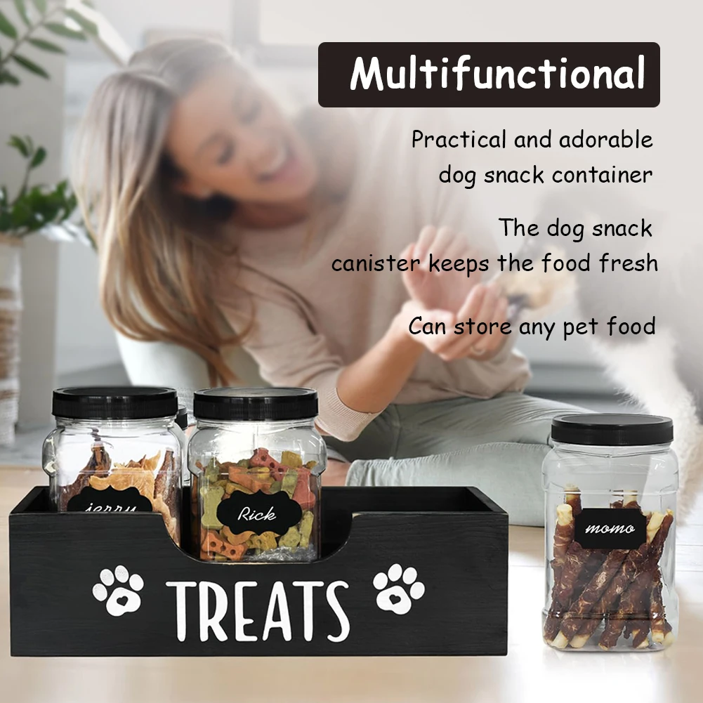 Wooden Pet Snack Storage Box with 3 Plastic Airtight Treat Jar Dog Cat Treat Container Dog Treat Bin Holder Pet Supply Organizer