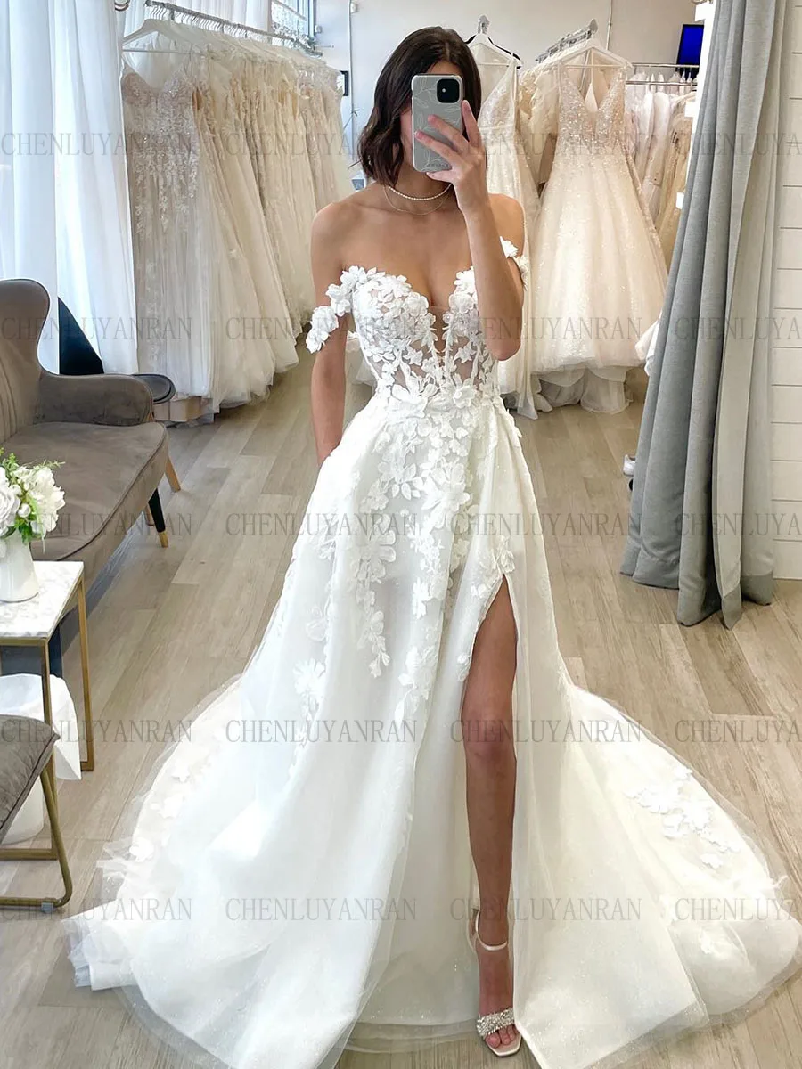 

Bohemia Ivory Wedding Dresses Applique Off-Shoulder Long Bride Dresses Side Split Sexy Dresses For Women 2023 Robe De Mariée