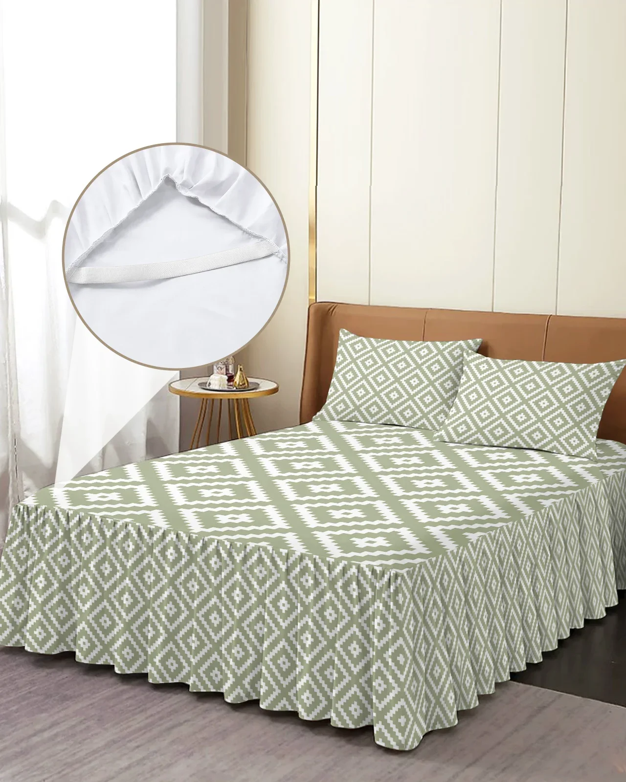 Geometric Square Textured Sage Green Bed Skirt Elastic Fitted Bedspread
