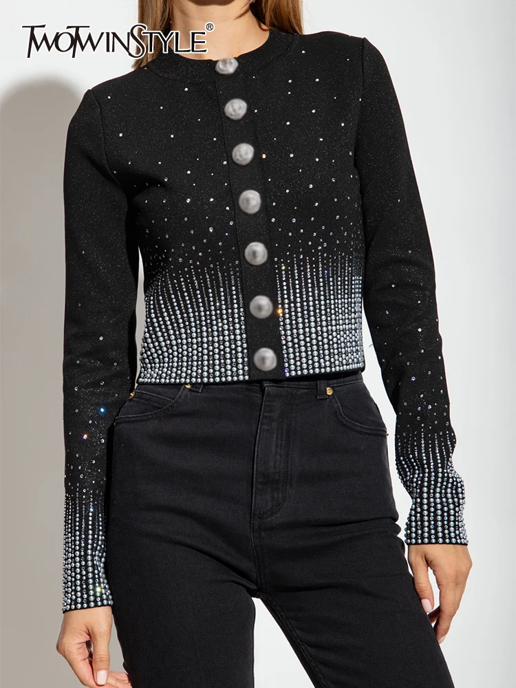 

TWOTWINSTYLE Patchwork Diamond Knitting Sweaters For Women Round Neck Long Sleeve Spliced Single Breasted Elegant Sweater Female
