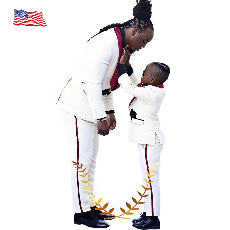 White Men's Boys Suit 2 Piece Floral Jacket Pants Wedding Groom Tuxedo Flower Boy Clothing Parent-Child Wear